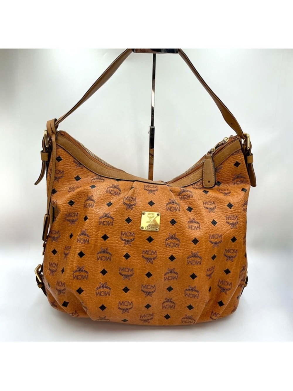 MCM Cognac Visetos Monogram Hobo Bag with Gold Plaque
